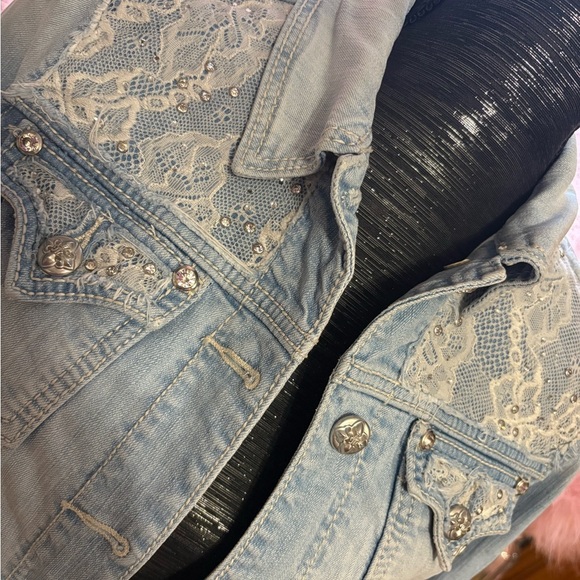 Miss Me Light Blue Denim Jacket with Lace and Studs - Picture 2 of 7
